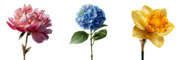 Peony, hydrangea, and daffodil flowers, showing pink, blue, and yellow blooms