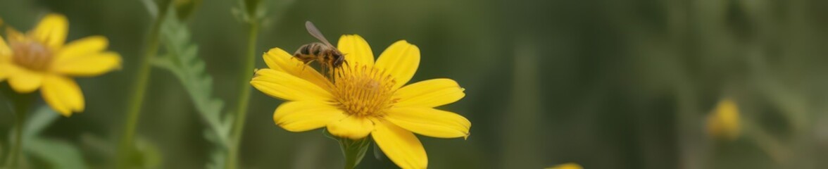 A busy bee pollinating a vibrant yellow flower , petals, arthropod