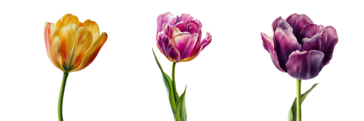 Three colorful tulips in realistic botanical, showcasing detailed petals in yellow, pink, and purple shades