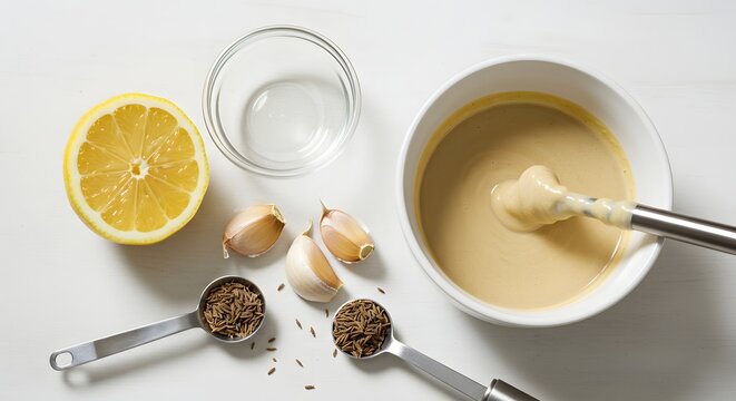 Ingredients for tahini sauce including lemon garlic cumin and tahini in a white bowl