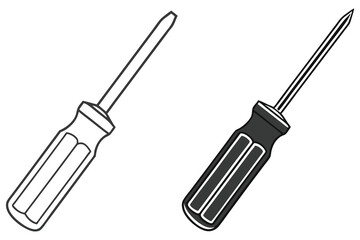 Isolated outlined and shaded screwdrivers are positioned side by side against a solid white background