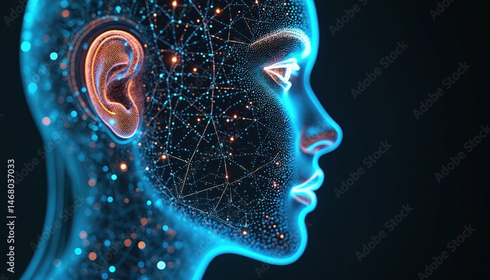 Poster Biometric facial scanner, glowing blue interface. 3D illustration of human profile with data points, algorithm. AI tech security, access control, innovation.