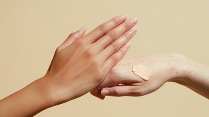 Fototapeta premium Female hands smoothing moisturizing cream onto skin, showcasing gentle skincare ritual for luminous, hydrated complexion and radiant personal wellness