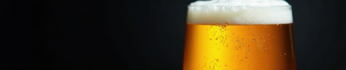 Close-up of light beer in glass, frothy head, dark backdrop, brewing, alcohol