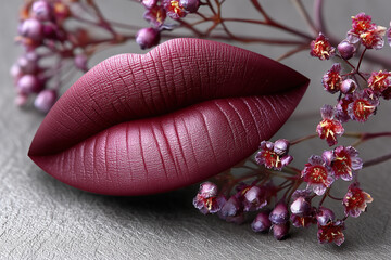 Lipsticked lips with gloss, dark lip color, surrounded by delicate purple flowers with small, star-shaped blossoms.