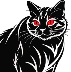 Red-eyed Black and White Cat in Cool Line Style Vector Illustration