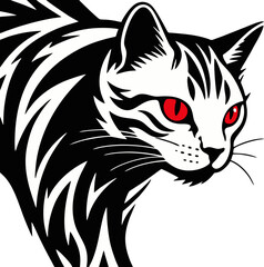 Red-eyed Black and White Cat in Cool Line Style Vector Illustration