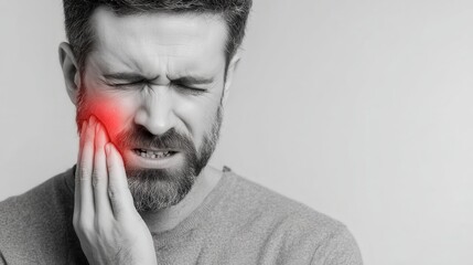 Monochrome portrait depicting bearded male experiencing intense dental pain, red accent highlighting grimace while clutching painful cheek with hand and wincing
