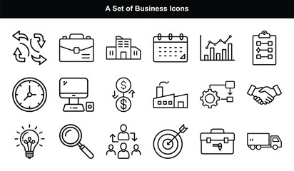 Fototapeta premium Business and Management Icons Set, Financial Outline Symbols on Transparent Background