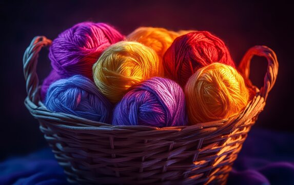 Basket full of colorful yarn balls. The basket is filled with a variety of colors, including red