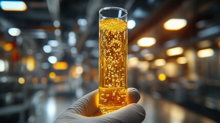 Hand holding test tube with golden liquid, factory background