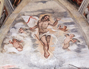 Cristo risorto e angioletti; affresco del Romanino nella  chiesa di Santa Maria della Neve a...
