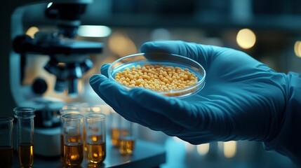 Hand in lab coat holding petri dish with small, yellow granules. Microscope and test tubes in background