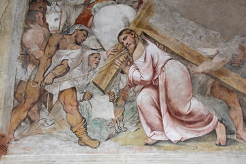 Cristo caricato della Croce incontra la Veronica; affresco del Romanino nella  chiesa di Santa...