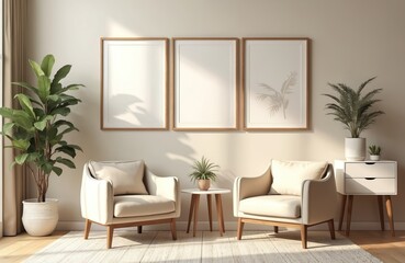 Fototapeta premium Scandinavian interior design with three blank picture frames on the wall. Modern living room with armchairs plants. Cozy home with decor elements. Light, airy space.