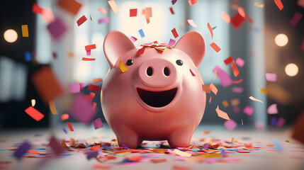 Pay day concept, overflowing piggy bank with payday confetti