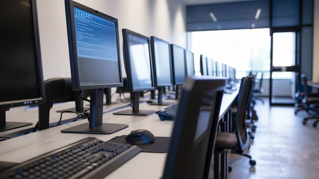 Empty computer lab with workstations.