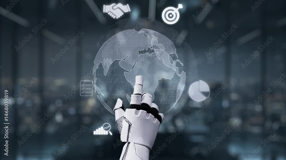 Poster a robotic hand points at a data visualization above a globe, illustrating the intersection of techno
