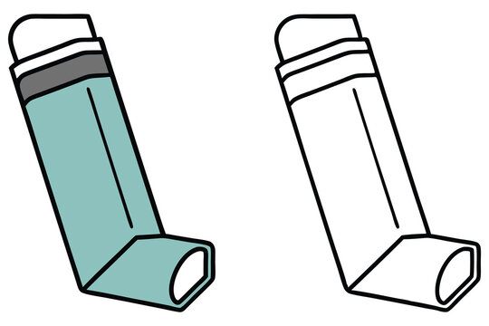 A teal inhaler displays next to a coloring book outline version on a white background