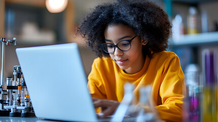 Young woman with glasses using a laptop in a science lab with beakers and test tubes around her