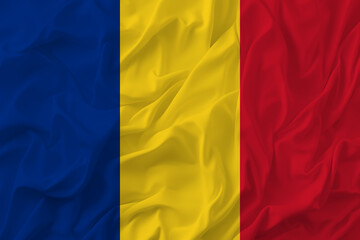 Stylized image of the Romania flag with a crumpled paper texture and halftone effect. Statehood concept