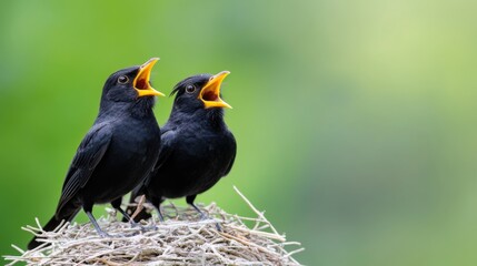 Two Black Birds Singing Together on a Nest Against a Blurred Green Background