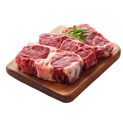 Tender cuts of red meat displayed on wooden board isolated on transparent background