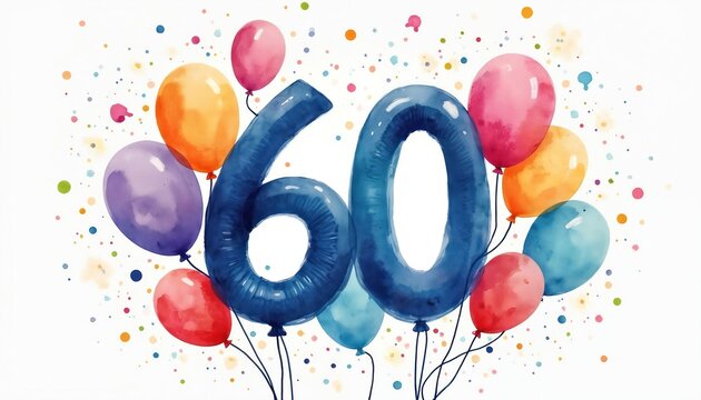 Watercolor illustration celebrating 60th birthday. Blue number 60 air balloons. Colorful balloons, confetti on white background. Holiday, anniversary, event concept. Party invitation card, greeting