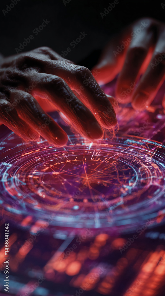 Poster close-up of hands interacting with a glowing, circular interface, showing intricate lines and patter