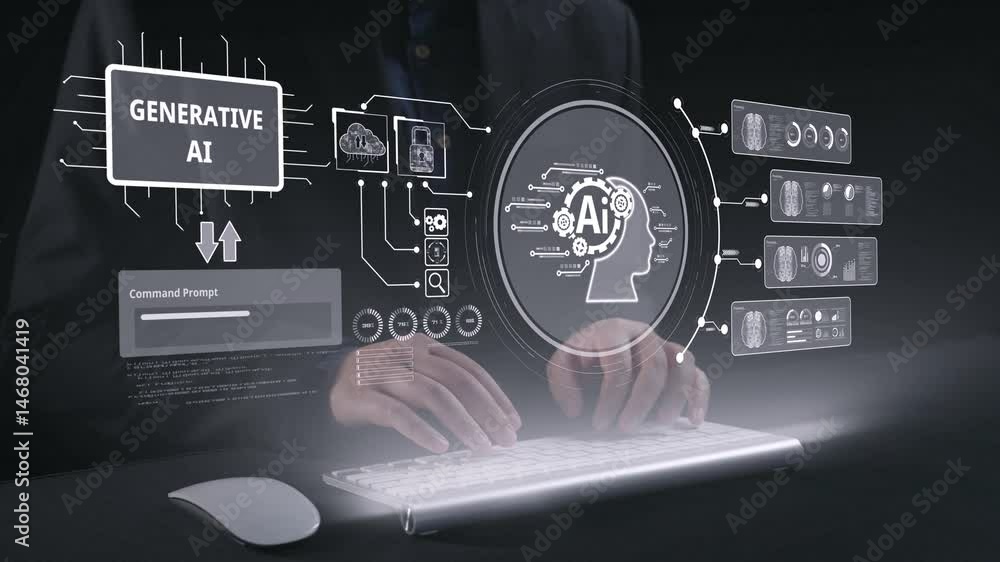Poster human interact with ai artificial intelligence brain processor in concept of ai artificial intellige