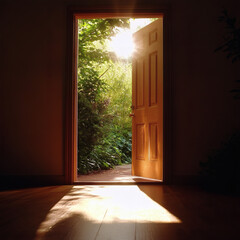 A wooden door ajar reveals a sunlit garden, offering a glimpse of outdoor tranquility.