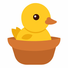 a duckling is sitting in an earthen pot on white background 