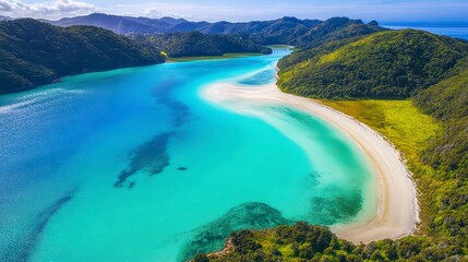 Beautiful blue ocean with a sandy beach and green trees in the background. The water is calm
