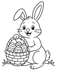 Cute Cartoon Easter Bunny Holding a Basket Full of Decorated Eggs, Sitting on Grass — Black and White Coloring Page for Kids, Ready to Print for Easter Holiday Activities.