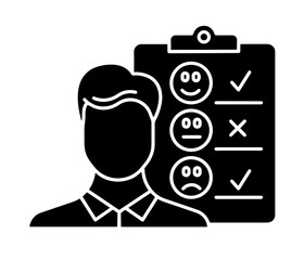 Man in Front of a Survey or Feedback Checklist with Smiley Faces and Marks. Customer Satisfaction, User Feedback, Review Evaluation, and Service Quality Control in Business or Marketing Contexts.