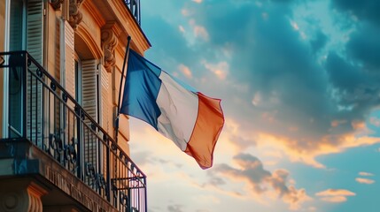 Dramatic view of the French Tricolore flag waving against a vibrant sky during sunset from a Parisian balcony