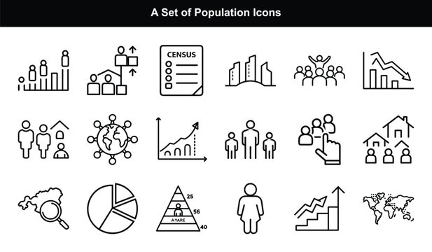 Set of Editable Black Line Icons on a Transparent Background Related to Population
