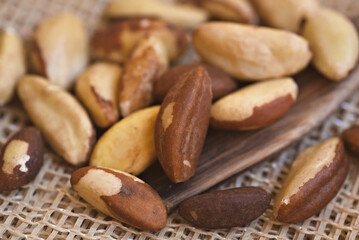 Obraz premium Brazil nuts, export product from the Amazon. Brazil nuts on a rustic surface with a wooden spoon. Brazilian food