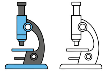Detailed cartoon microscope shows a scientific tool and its line art version side by side