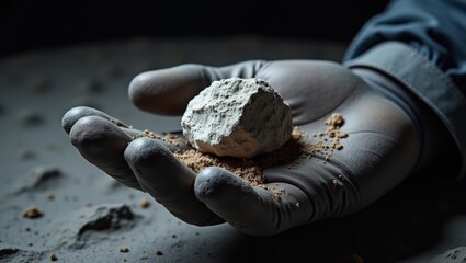 Gloved Hand Holding a Sample of Lunar Rock with Regolith