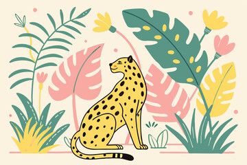 Stylish Cartoon Leopard Illustration with Tropical Foliage and Flowers in Muted Colors for Graphic Design.