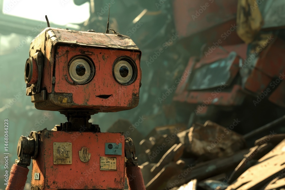 Poster a character encounters an old robot in a junkyard that tells cryptic stories.