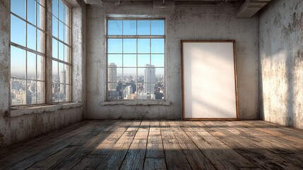 Urban Empty Loft with Large Windows and White Canvas for Art