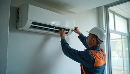 Skilled technician installing cassette air conditioner system in commercial building. Professional electrician adjusting AC unit indoors. Climate control service, ventilation, HVAC system maintenance.