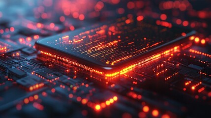 High-tech chip on circuit board, glowing red