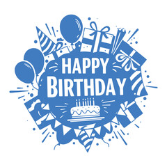 Happy Birthday graphic illustration with cake, gift boxes, balloons, cone hats in blue