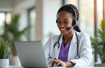 Smiling African American doctor with headset consults patient online using laptop at hospital. Telemedicine, telehealth, online healthcare service concept. Remote medical assistance, virtual patient