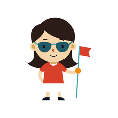 Girl Holding Mini Flag in Sunglasses Reflection on Transparent Background