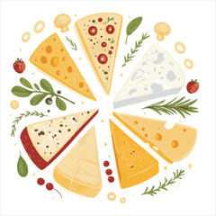 A white background with a seamless pattern of different fruits and cheeses