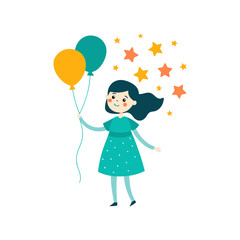 Girl Holding Balloons Shaped Like Stars on Transparent Background